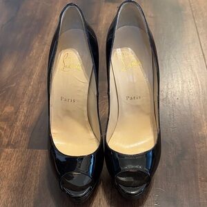 Christian Louboutin Glossy Patten Leather Black Peep-Toe Platform Heels